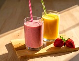 Two glasses of mango and strawberry smoothies are placed on a wooden cutting board. mango and strawberry smoothies, healthy juice, healthy drinks, healthy drink menu