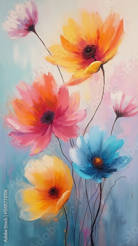 Colorful flowers. Painting on canvas.