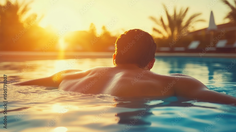 Man relaxing in a resort pool at sunset. Man relaxing in a resort pool at sunset.