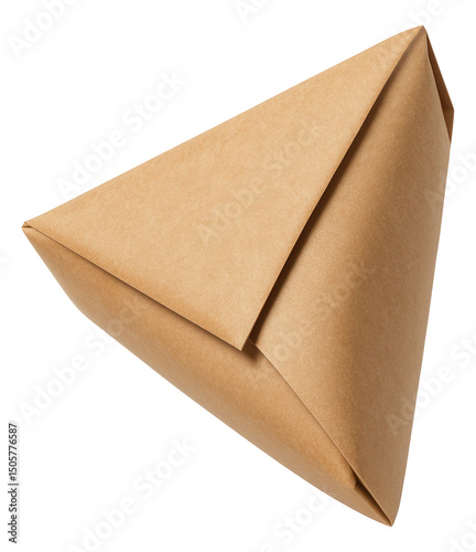 Triangular folded brown paper packaging suitable for sandwich or snack storage on transparent background.