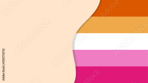 Abstract design featuring the lesbian pride flag with orange, white and pink horizontal stripes and a blank curvy beige shape dividing the composition