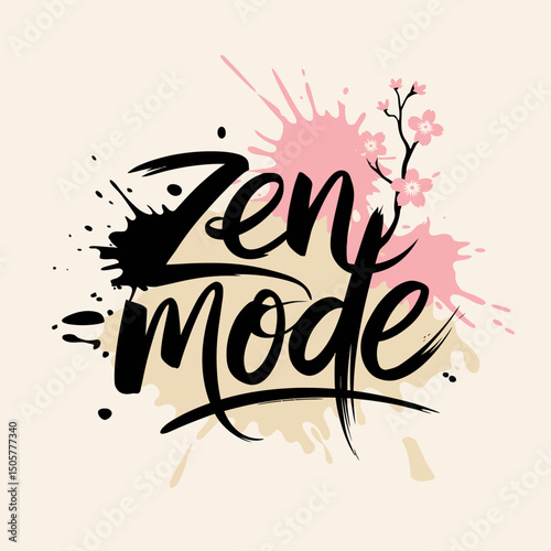 Zen Mode Peaceful Mindfulness Meditation Relaxation Tranquil Serene Calmness Spiritual Wellness Yoga Practice Breathwork Japanese Style Artistic Design Pink Beige Ink Splatter     