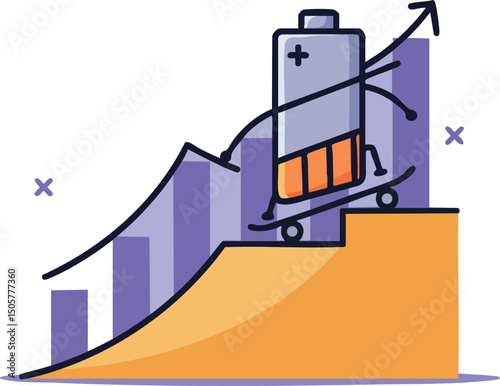 Battery power growth concept with rising graph and skateboard vector illustration 