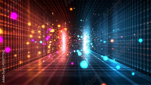 Abstract digital art depicting a glowing, gridded corridor with vibrant particles and light streaks