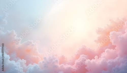 Dreamy pastel sky featuring soft, pink and blue clouds illuminated by a gentle, warm light source.