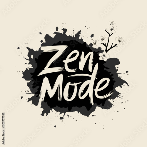 Zen Mode Peaceful Mindfulness Meditation Design Artistic Ink Splatter Brushstrokes Floral Elegant Modern Calming Tranquil Serene Yoga Relaxation Wellness Spa Nature Blossom grey   