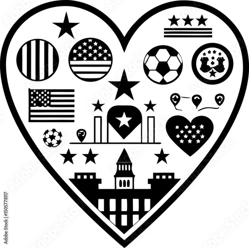 Black and white illustrated heart filled with patriotic american symbols and icons