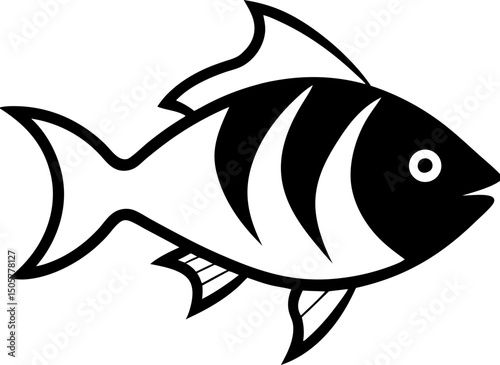Black and white illustration of a simple fish featuring fin and body details