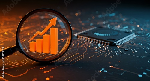 Magnifying glass highlights business growth chart with upward trend. AI analysis financial success stock increase profit investment statistic performance market economy improvement
