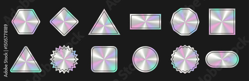 Сollection of metallic holographic stickers with iridescent pastel gradients and black outlines for ui badges, decorative labels.
