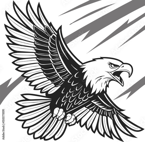 Bold black and white american bald eagle soaring through the air proudly with wings outstretched