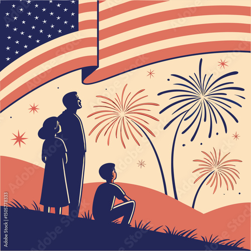 Family watching fireworks under the american flag celebrating independence day