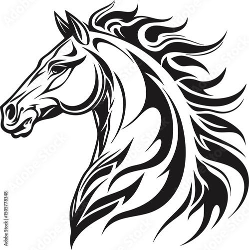 Graceful black and white illustration of a horse head with flowing mane on white background