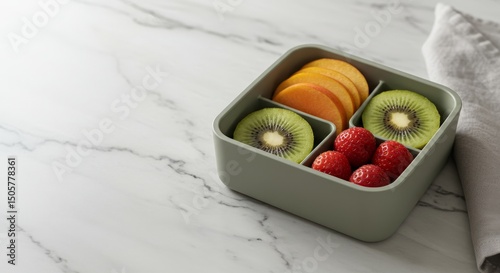 Healthy lunchbox with fresh kiwi, strawberries, and peach slices on marble background