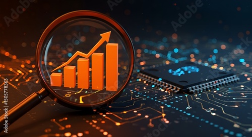 Magnifying glass highlights business growth chart with upward trend. AI analysis financial success stock increase profit investment statistic performance market economy improvement
