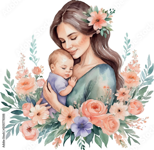 Colored Watercolor Illustration Beautiful Mother with her Newborn Baby with Flowers. Vector Watercolor Painting.