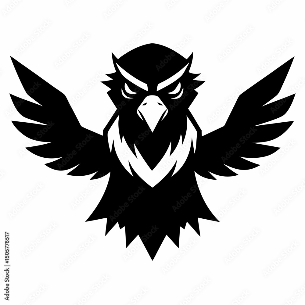 Obraz premium Powerful black and white owl emblem with wings spread open on a clean white background