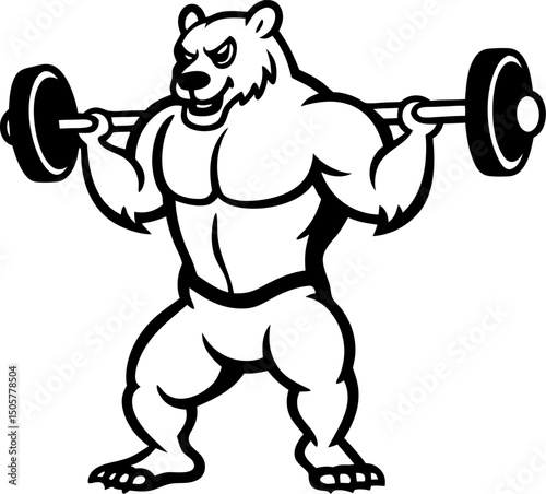 Powerful bear character lifting barbells demonstrating strength and fitness for athletic concepts