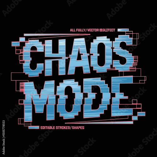 Chaos Mode Glitch Text Effect Editable Vector Graphic Design Template Pixel Art Style Blue Pink Digital Typography Modern Trendy Artistic Background Illustration for Print and Web 