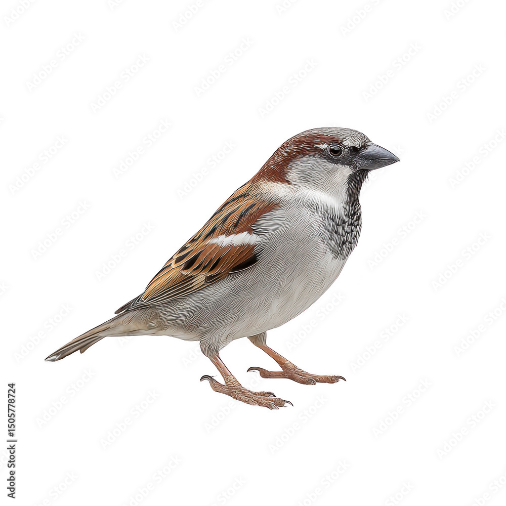 Detailed illustration of sparrow showcases its intricate feather patterns and natural colors, highlighting bird delicate features against plain background Detailed illustration of sparrow showcases its intricate feather patterns and natural colors, highlighting bird delicate features against plain background