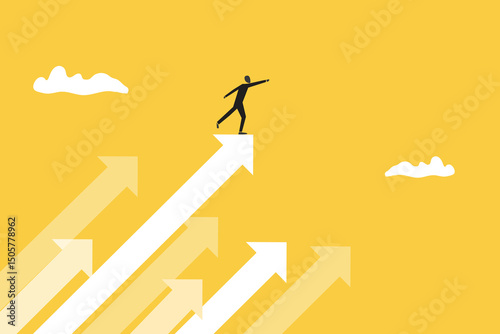 Businessman pointing arrows up in the sky next target. concept of moving forward, growth business, ambition, and motivation