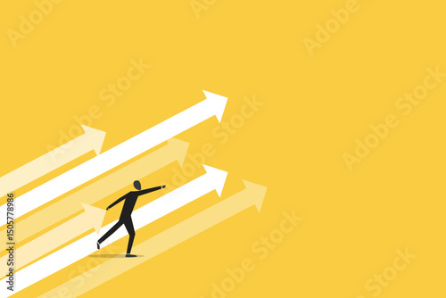 Businessman pointing arrows up in the sky next target. concept of moving forward, growth business, ambition, and motivation