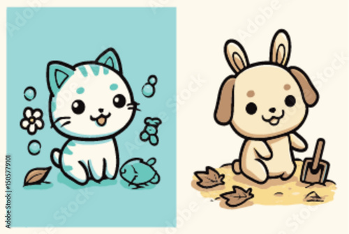 Cute Animal Characters with Cat and Bunny in Fun Style Illustration