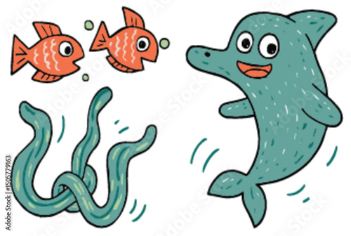 Friendly Dolphin and Colorful Fish in Playful Vector Illustration