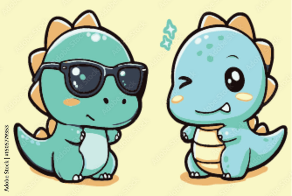 Fototapeta premium Cute Cartoon Dinosaurs with Sunglasses and Playful Expressions