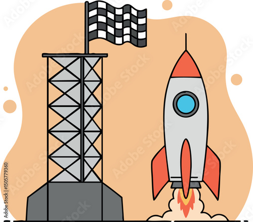 Rocket Launch with Checkered Flag and Launch Pad Illustration in Red and Gray Colors 