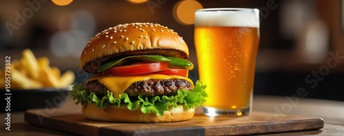 Close-up shot of a juicy burger and a frosty glass of beer, perfect for a casual meal or a relaxed evening , grill, tomato, sauce photo