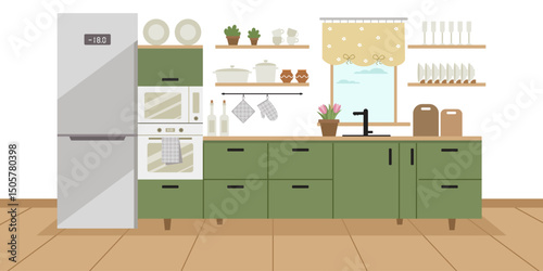 A cozy kitchen with a window by the sink and flowers. Modern furniture and cooking appliances.