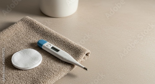 Digital thermometer on soft towel with cotton pad on neutral background in natural light