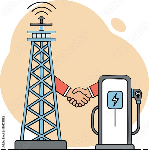 Energy industry partnership concept with oil rig and electric charging station handshake vector 
