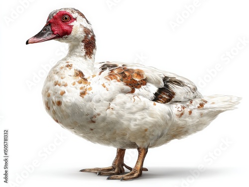 A speckled Muscovy duck stands against a white background.