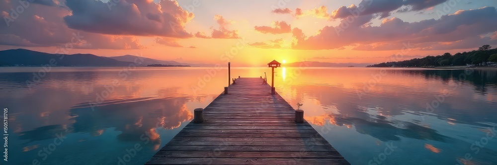 Fototapeta premium Tranquil scene of a wooden dock extending into calm waters, meeting a serene shoreline at sunset The peaceful atmosphere is perfect for relaxation and reflection , escape, still, horizon