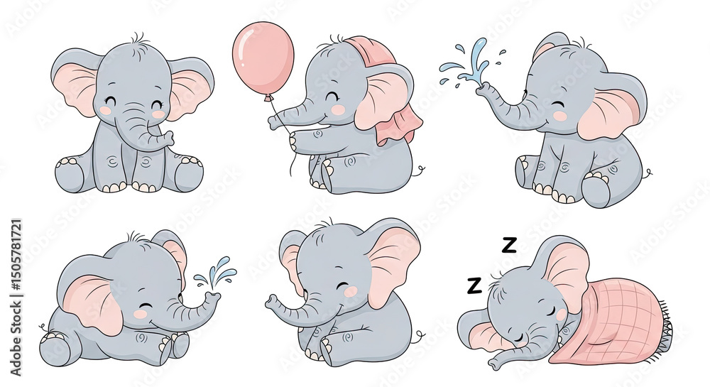Fototapeta premium Collection of six charming cartoon elephants with gray bodies pink ears and details on transparent background. Each elephant displays different action and emotions.