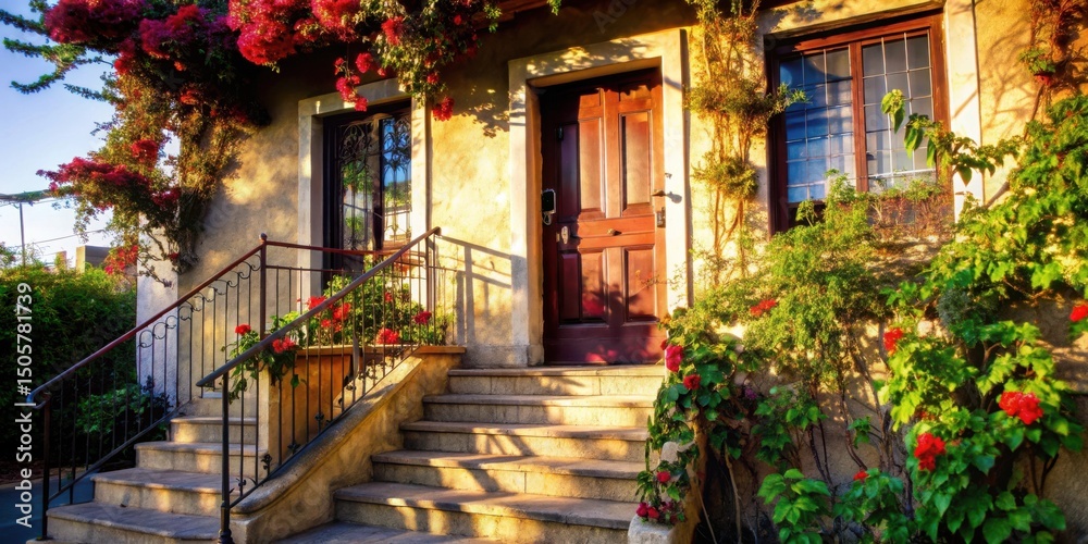 Fototapeta premium A quaint home with a wooden door and a wrought iron railing leading up to a set of stone steps, adorned with vibrant flowers and lush greenery, bathed in warm sunlight.