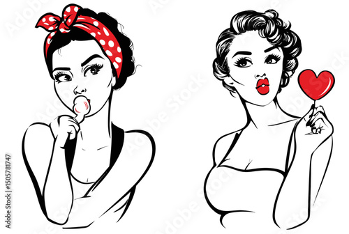 Vintage Style Illustration of Two Women with Candy and Heart