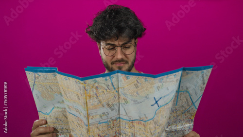 Wallpaper Mural Young man with beard and glasses studying a map against a vibrant pink background, portraying curiosity and exploration. Torontodigital.ca