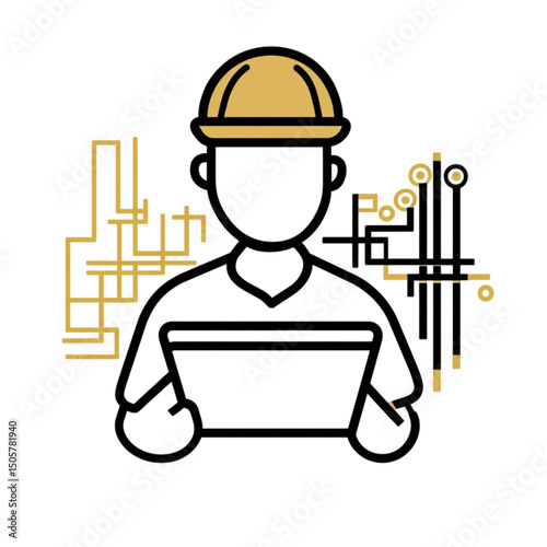 Construction worker using tablet with technical graphics in background  