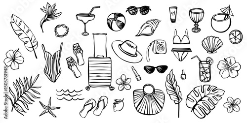 Wallpaper Mural Hand drawn vector outline summer vacation elements including tropical flowers, leaves, drinks, swimwear, suitcase, hat. Black and white ink line art style for coloring books, packaging, web, stickers Torontodigital.ca
