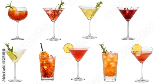 Photo of Diverse Cocktails in Elegant Glasses Isolated on Black Background