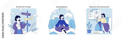 Digital well-being &amp; Mental health. Flat Vector Illustration