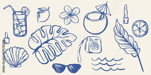 Wallpaper Mural Hand drawn summer vacation elements including tropical flowers, leaves, drinks, shells. monochrome line art style. Suitable for coloring books, posters, packaging, web stickers Torontodigital.ca