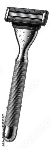 Close-up of a wet shaving razor with textured handle and multiple blades on transparent background.