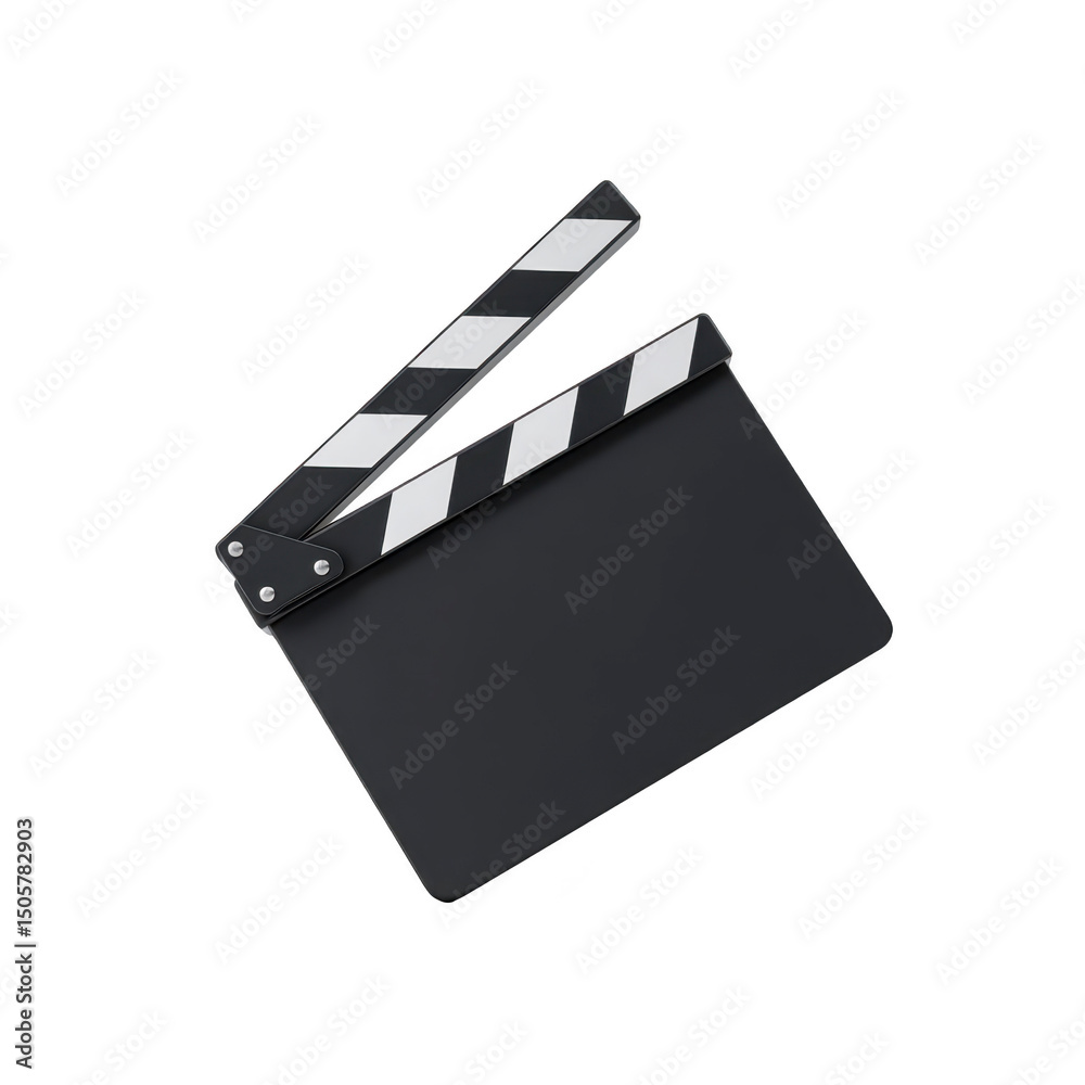 Fototapeta premium Black and white film clapperboard is shown, typically used in movie production to mark scenes and takes. clapperboard has hinged arm that creates clapping sound when closed
