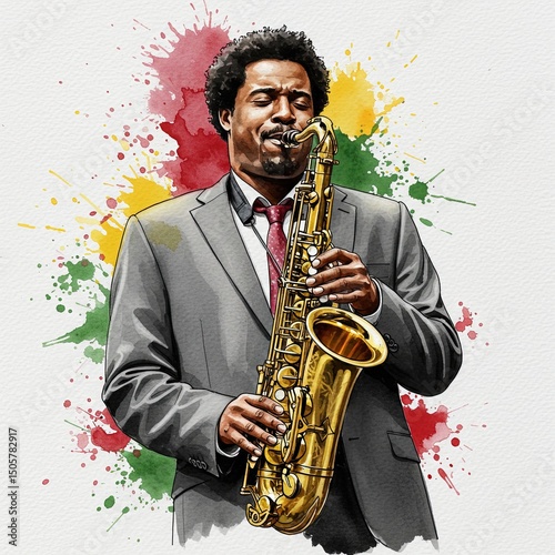 Stylized portrait of jazz saxophonist in suit, playing music with expressive watercolor splashes in Pan-African colors. Concept for jazz, Black culture, heritage, musical celebration