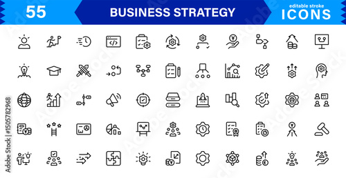 Professional Business Strategy Icon Set Featuring Planning, Analysis, Goals, Innovation, and Growth in a Clean Minimal Vector Style