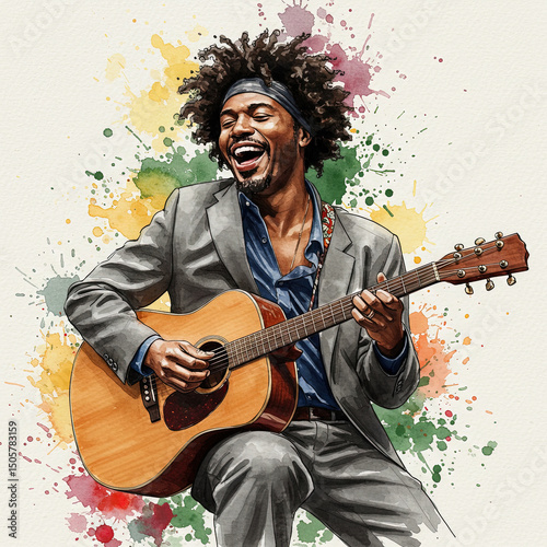 Smiling musician playing acoustic guitar in stylish suit, amid colorful artistic watercolor splashes, expressing creativity, joy, inspiration, jazz blues celebration, African American culture